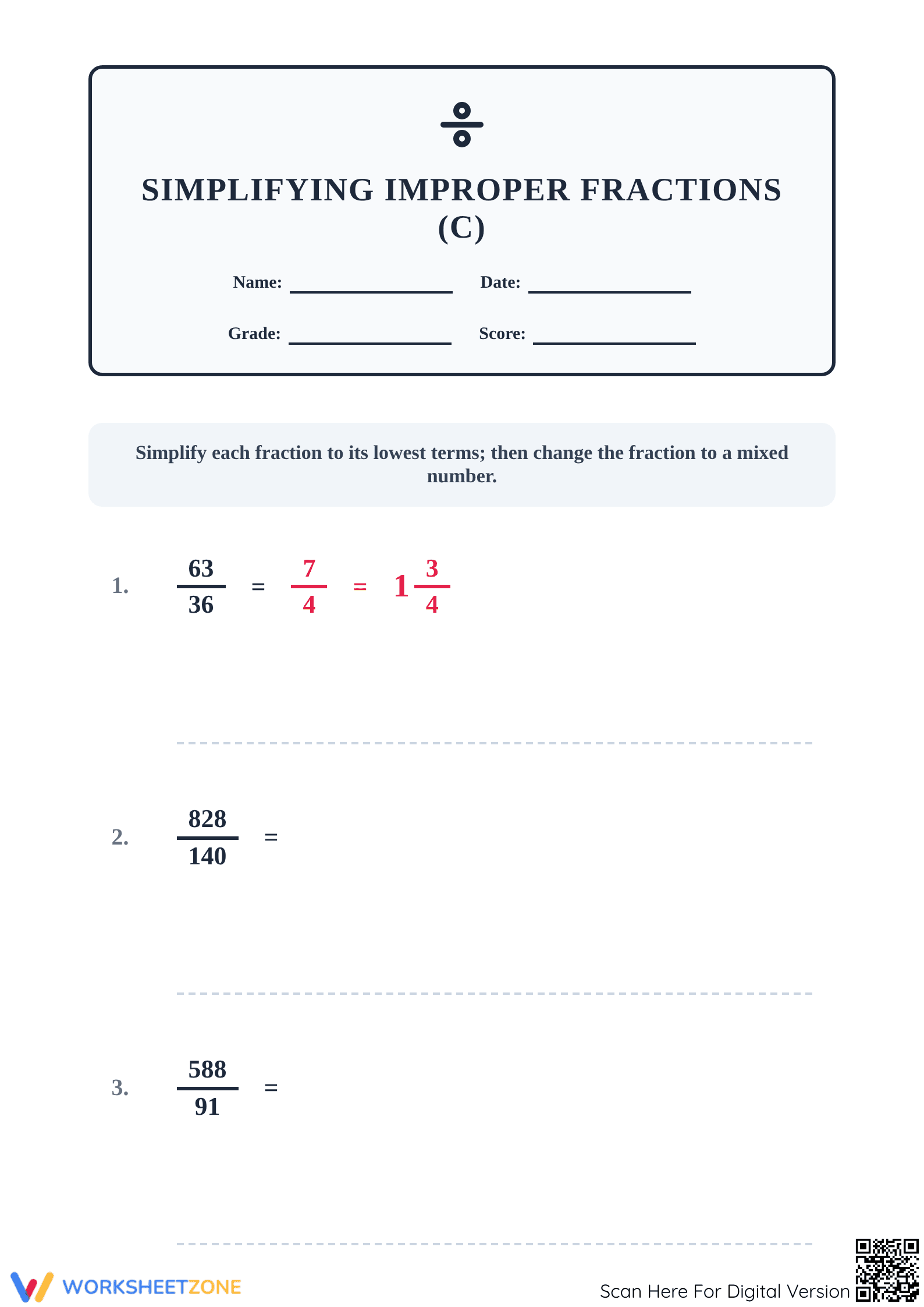 Printable Improper Fractions Worksheet | Grades 4-6 - Page 1