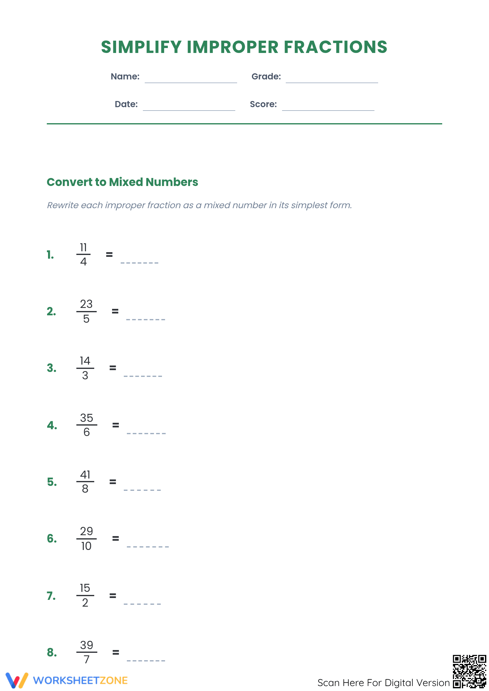 Essential Improper Fractions Worksheet | Grade 4-5 Math - Page 1