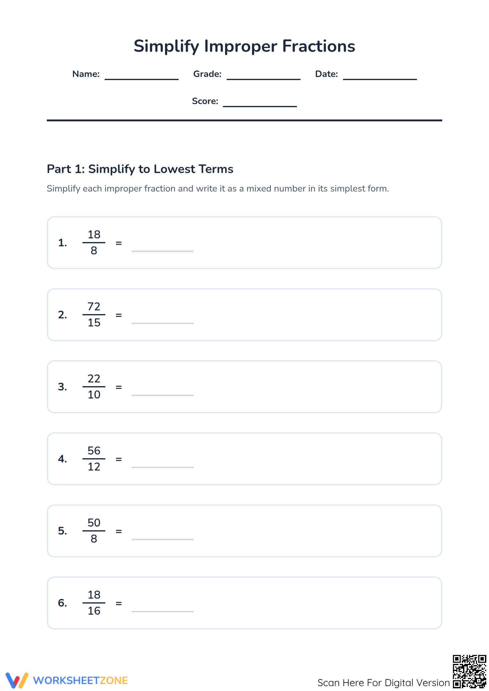 Essential Grade 4 Fractions: Simplify Improper Fractions - Page 1