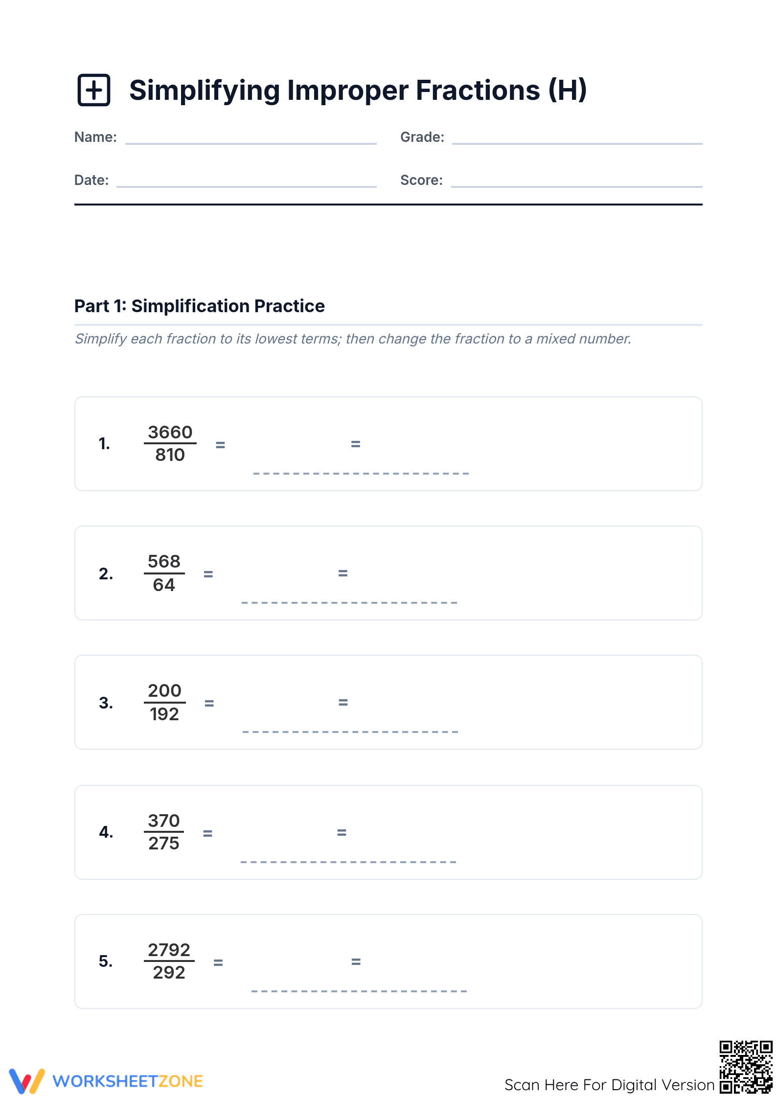 Essential Simplifying Improper Fractions | Grade 5 Math - Page 1