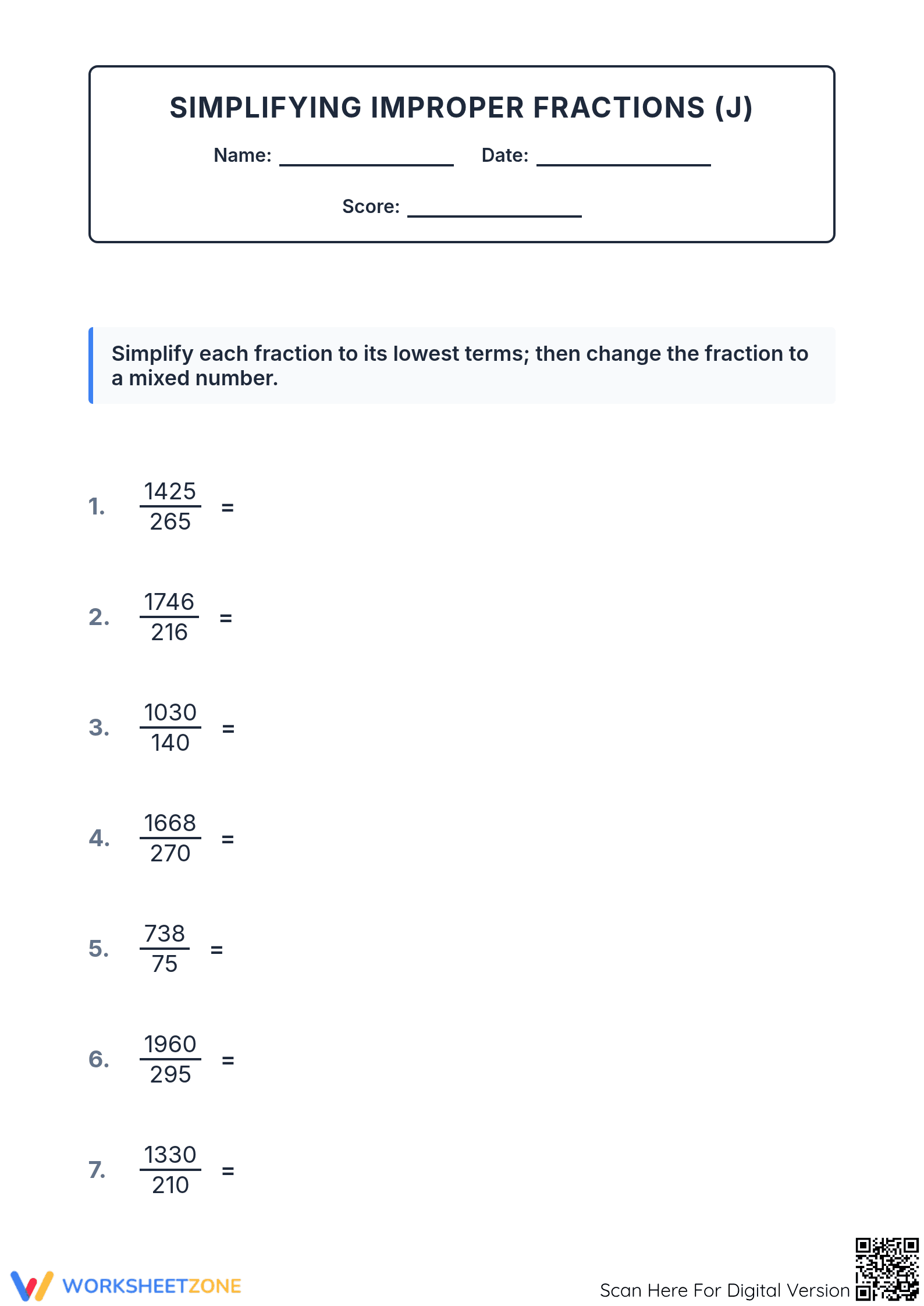 Essential Improper Fraction Simplification | Grade 5 - Page 1