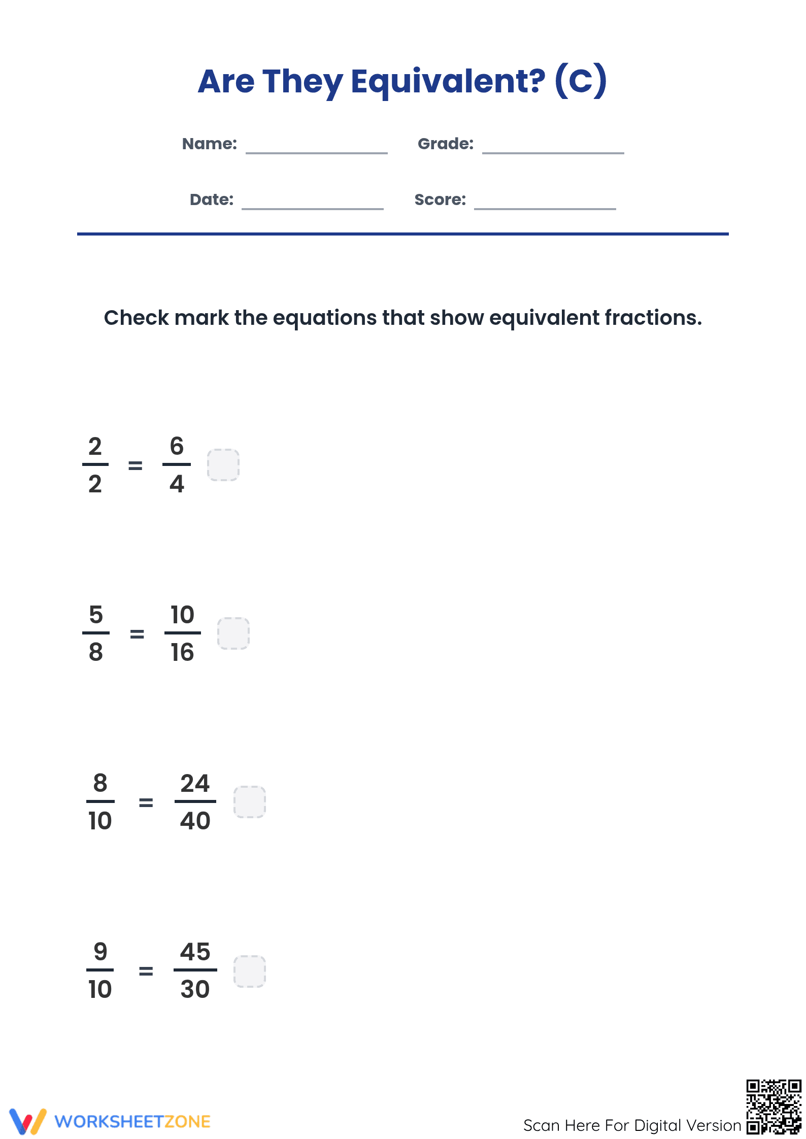 Essential Equivalent Fractions Worksheet | Grades 3-5 - Page 1