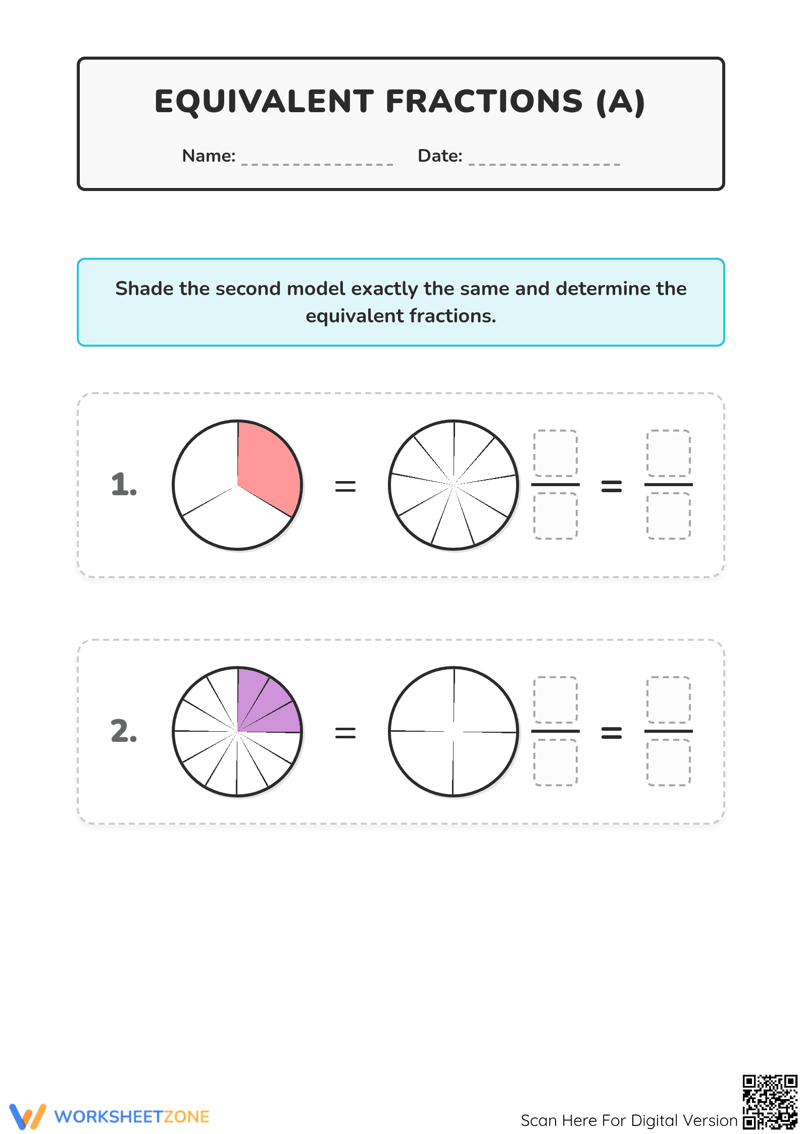 Printable Equivalent Fractions Worksheet | Grade 3-4 - Page 1