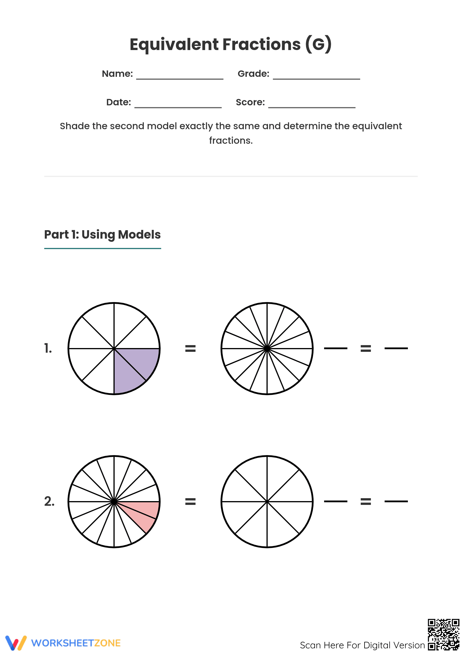 Grade 3 Equivalent Fractions — Printable No-Prep Worksheet - Page 1