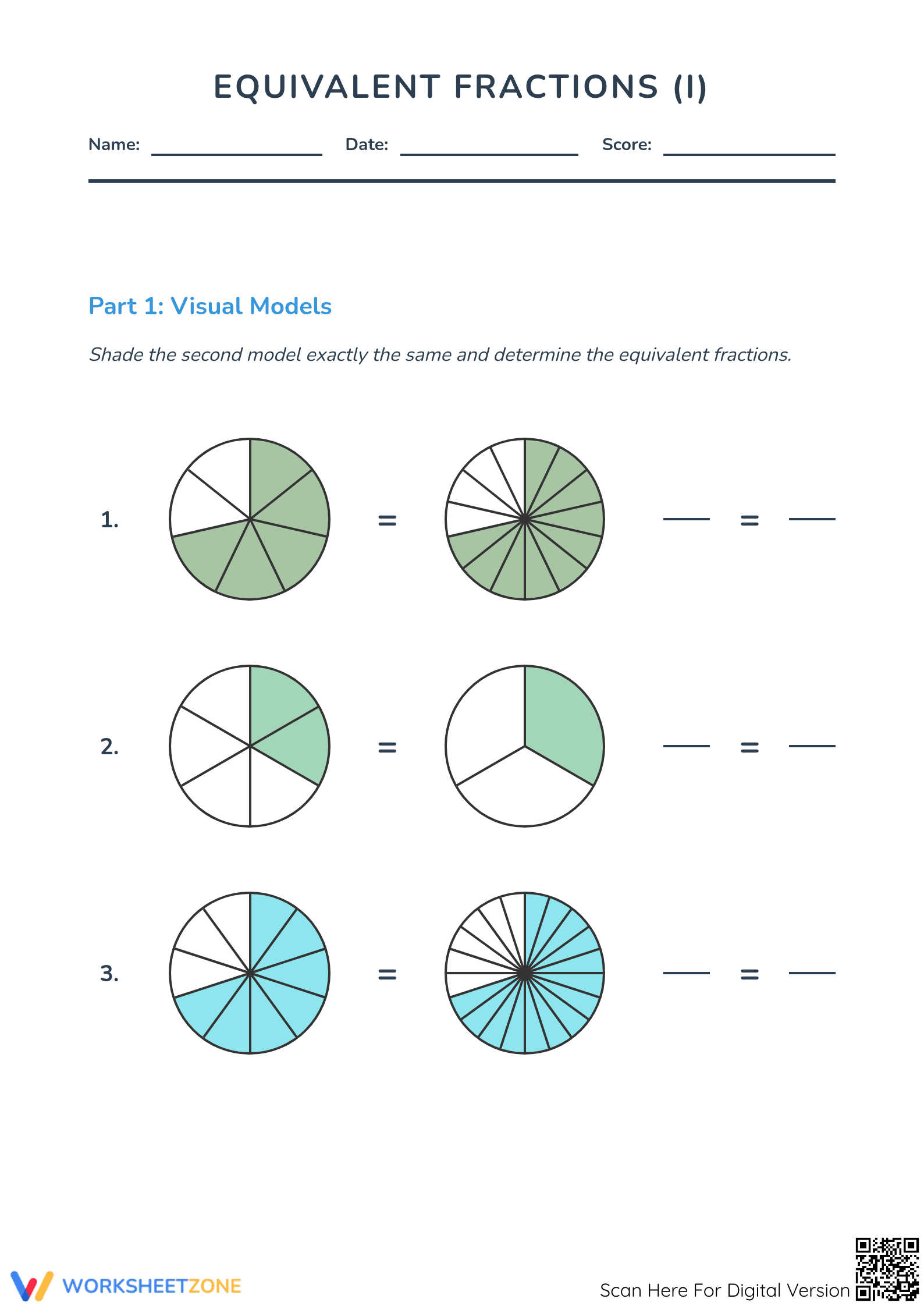 Printable Grade 4 Equivalent Fractions Models Worksheet - Page 1