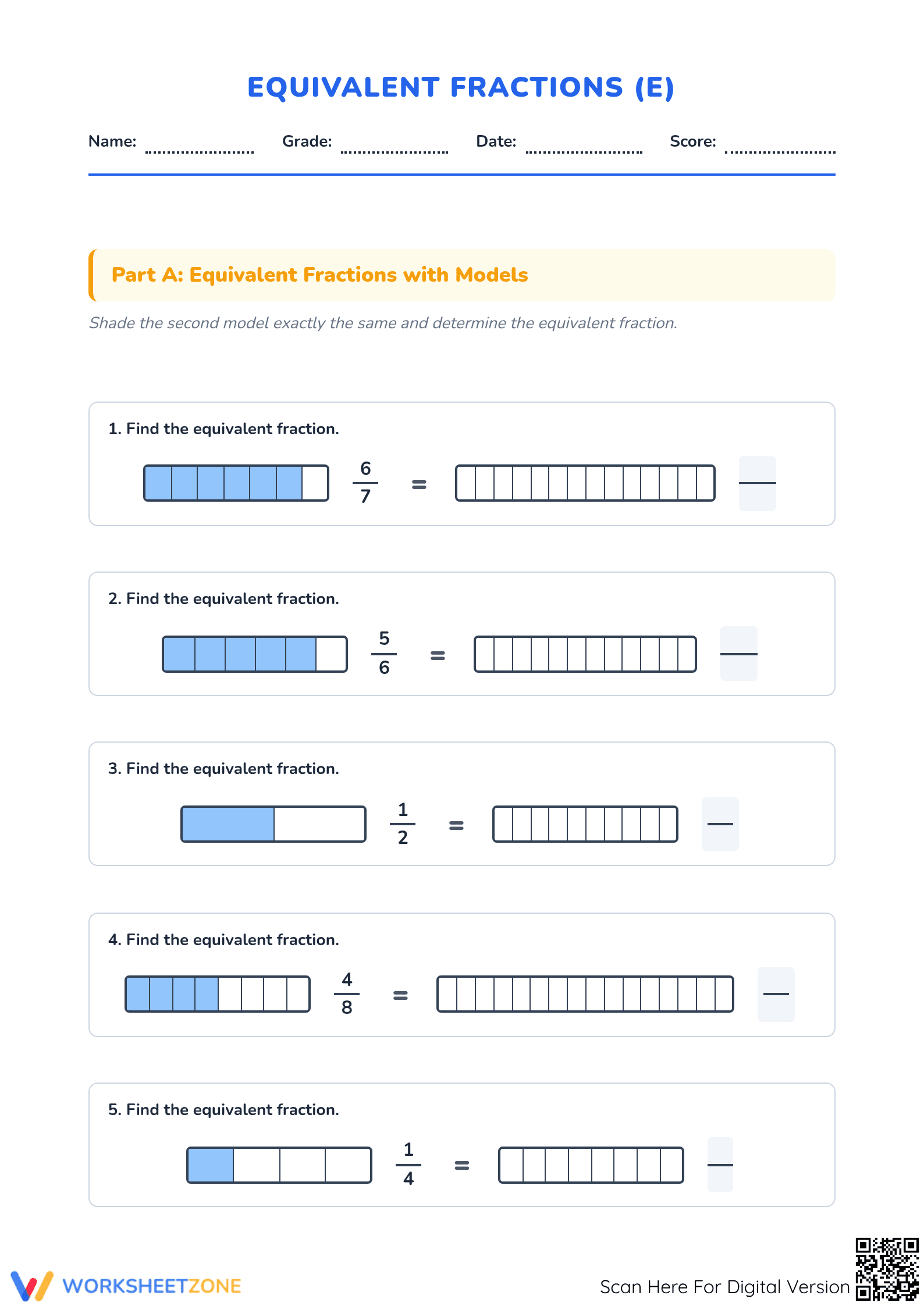 Printable Equivalent Fractions Practice | Grade 3-5 Math - Page 1