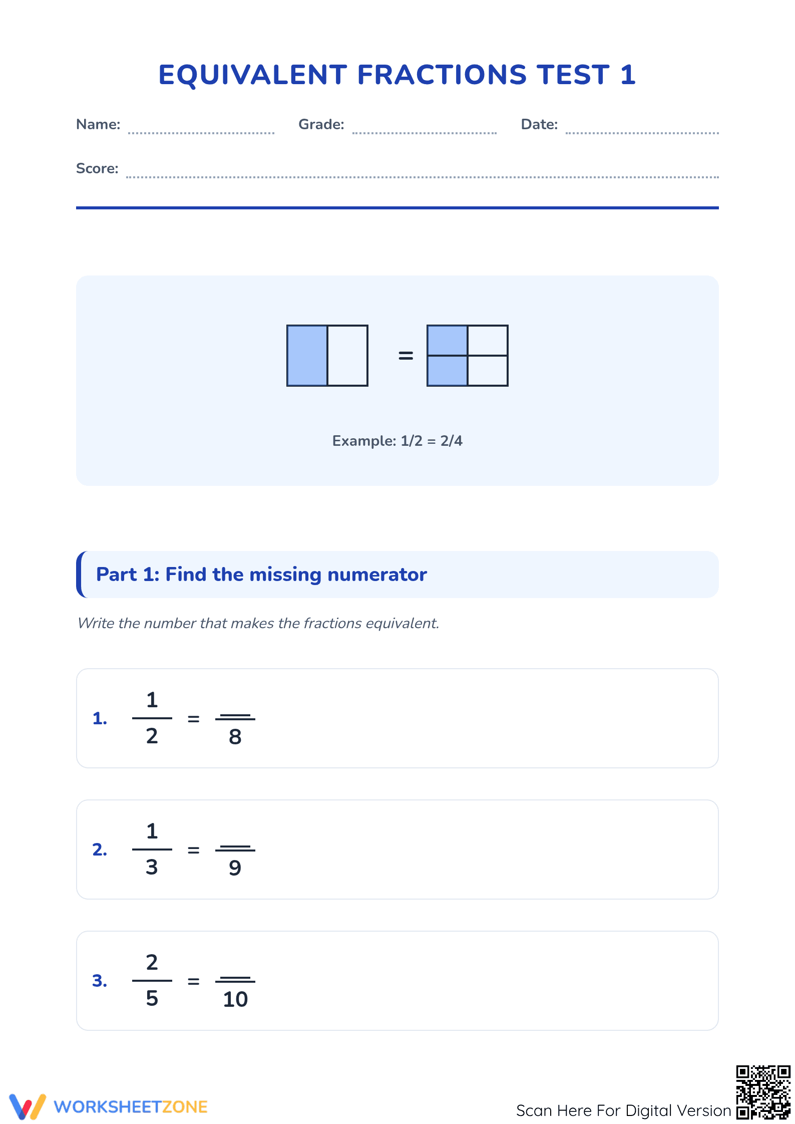 Printable Equivalent Fractions Worksheet | Grade 4 Aligned - Page 1