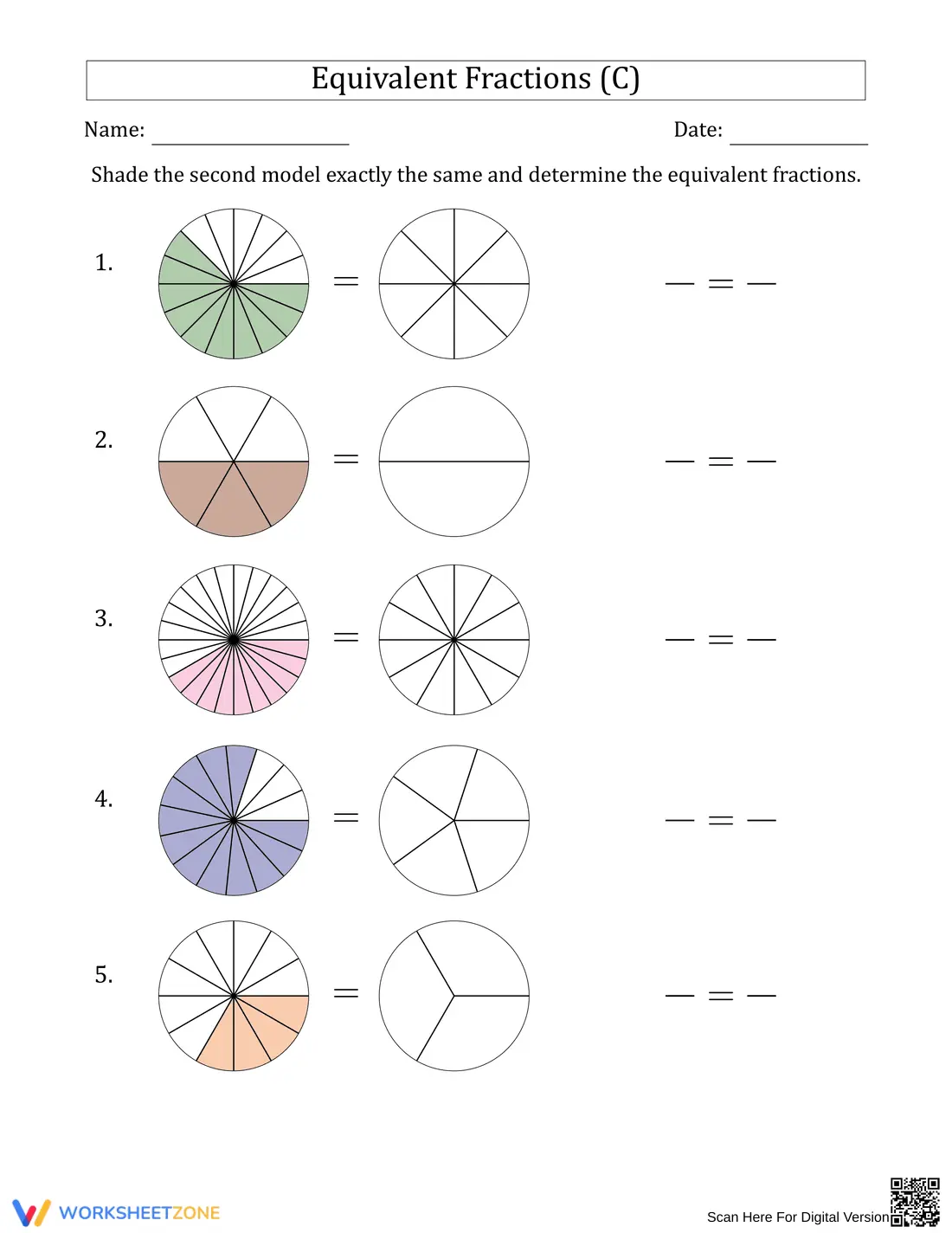 Equivalent Fractions Models Worksheet | Grade 4 Printable - Page 1