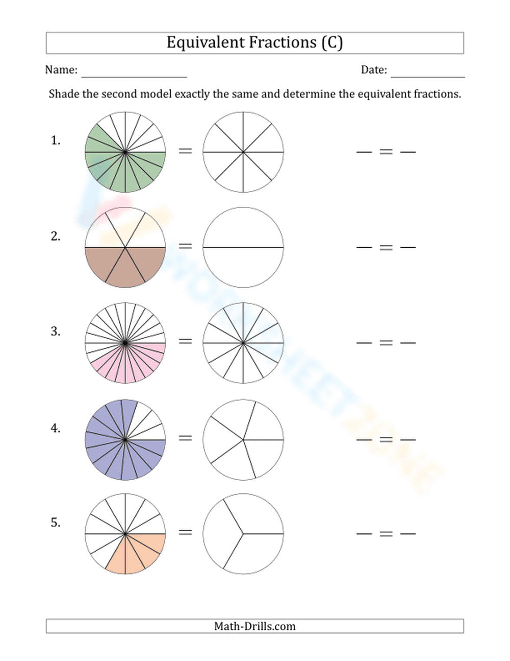 Equivalent Fractions Models Worksheet | Grade 4 Printable - Page 1