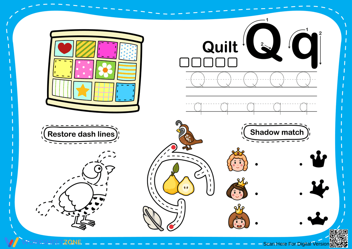 Printable Letter Q Alphabet Tracing Worksheet | Grade K - Page 1