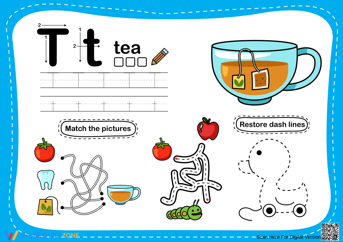 Essential Letter T Alphabet Tracing Worksheet | Grade K - Page 1