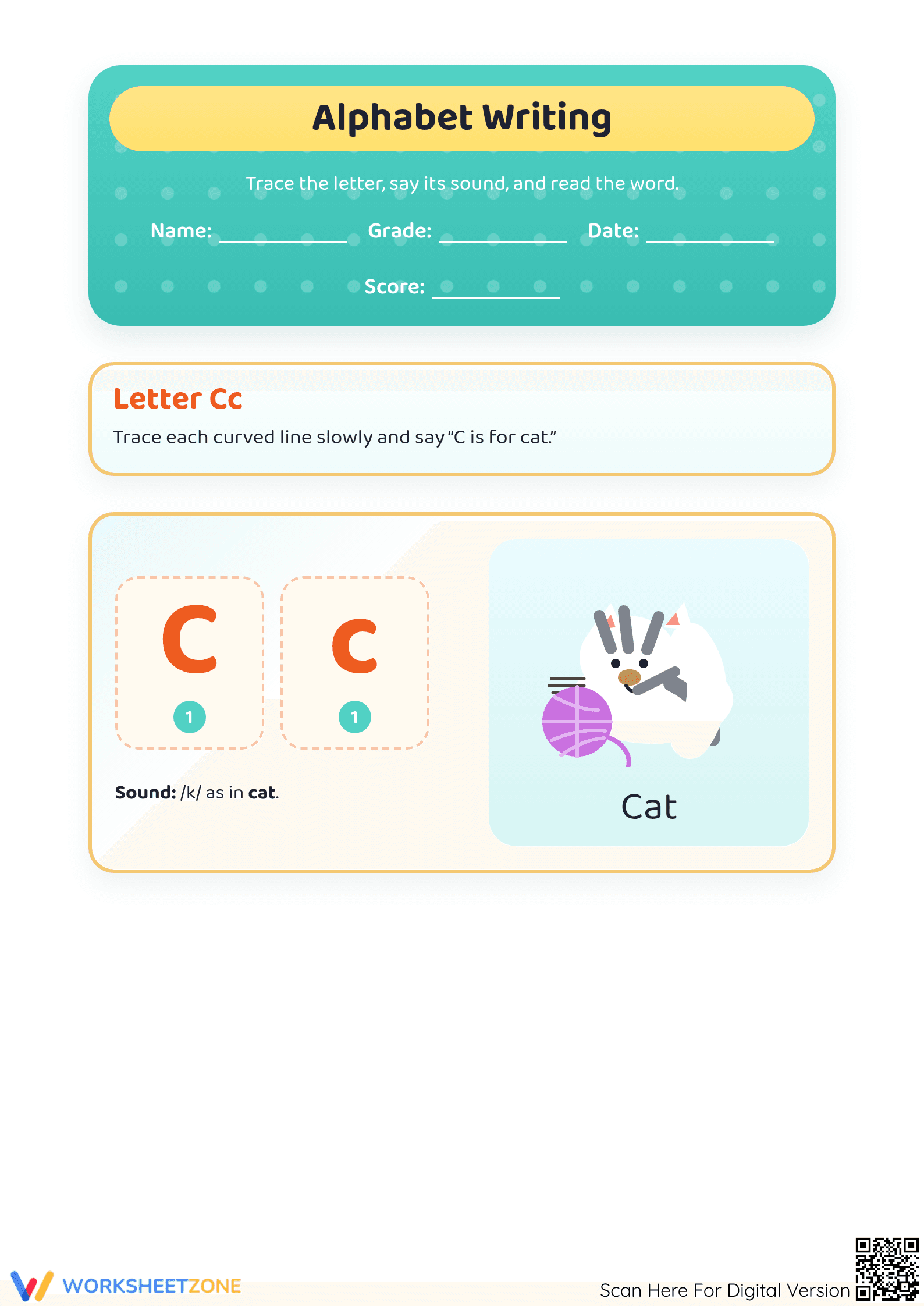 Printable Letter C Alphabet Writing Worksheet | Grade K-1 - Page 1
