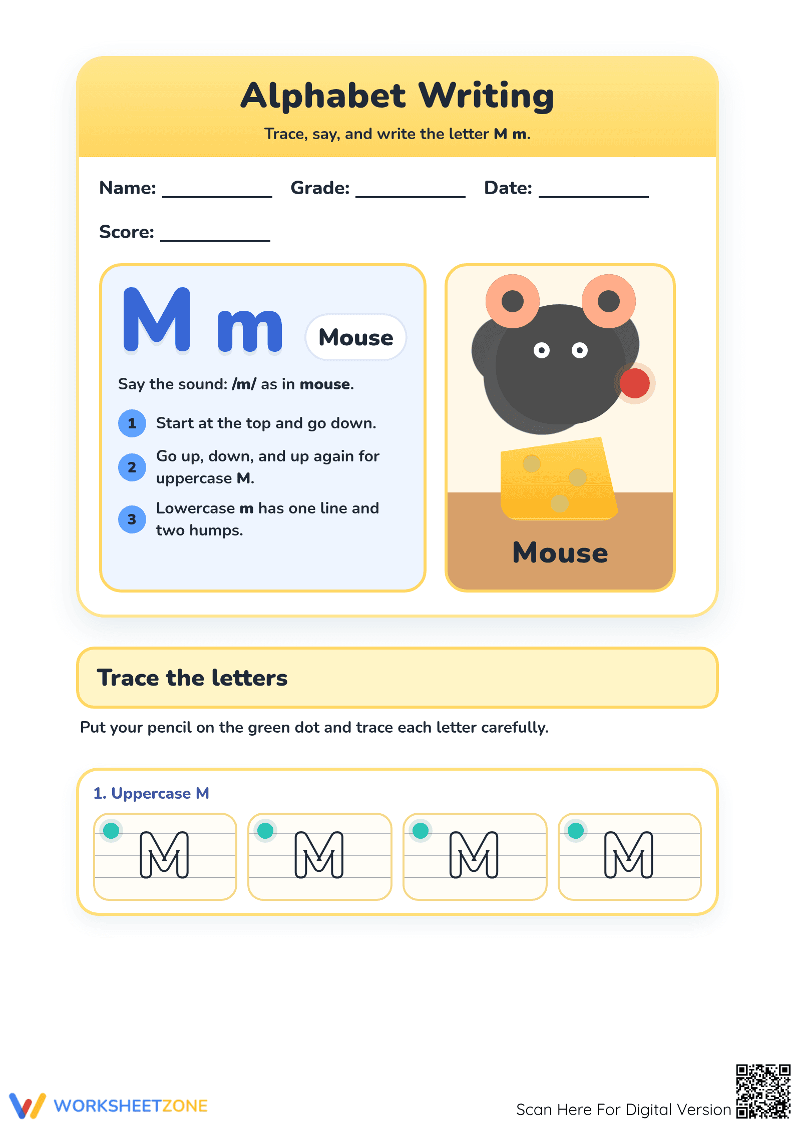 Alphabet Writing M — Printable Kindergarten ELA Worksheet - Page 1