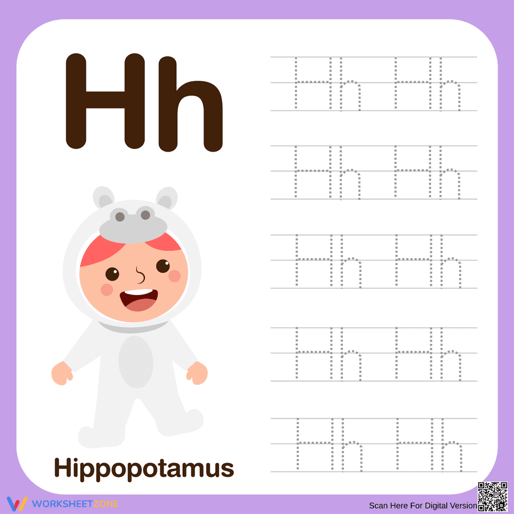 Letter H Hippopotamus Tracing And Handwriting Practice - Page 1