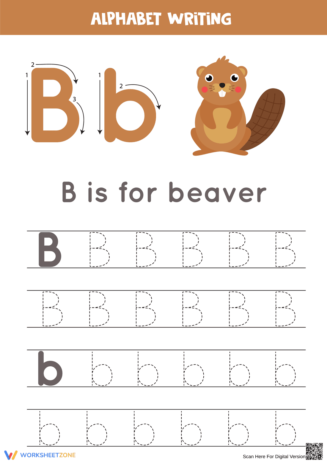 B is for Beaver – Alphabet Writing Practice - Page 1