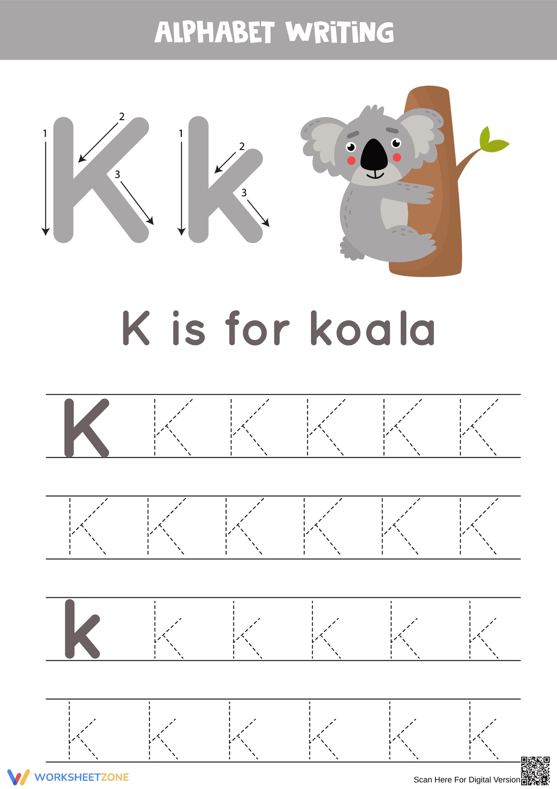 Letter K Tracing Worksheet | Printable Grade K English - Page 1