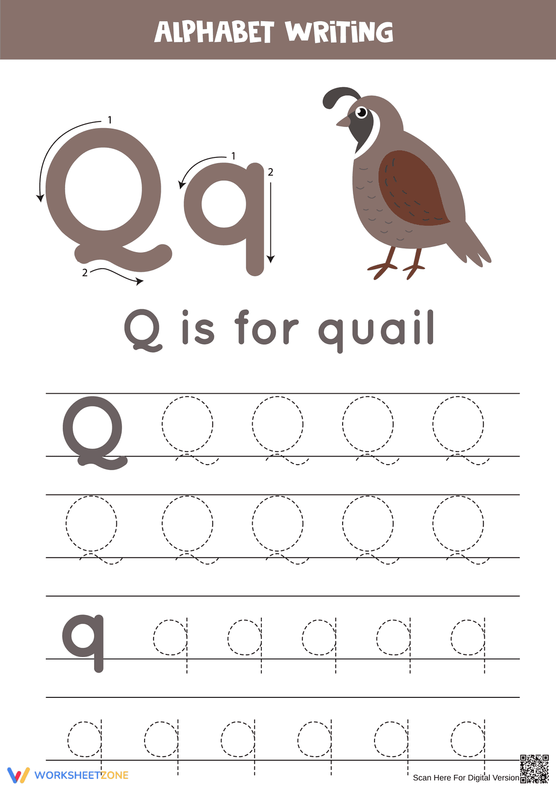 Grade K Letter Q Tracing — Printable No-Prep Worksheet - Page 1