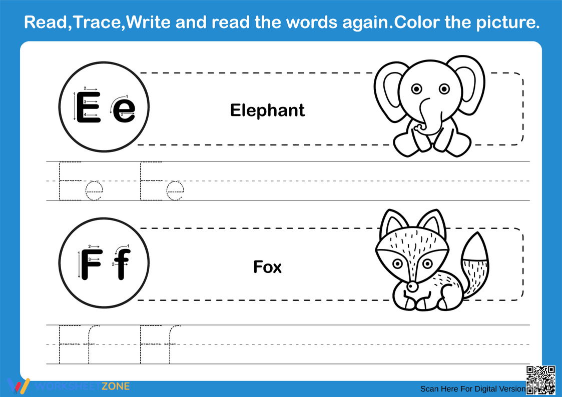 Printable Letters E & F Worksheet | Grade K ELA - Page 1
