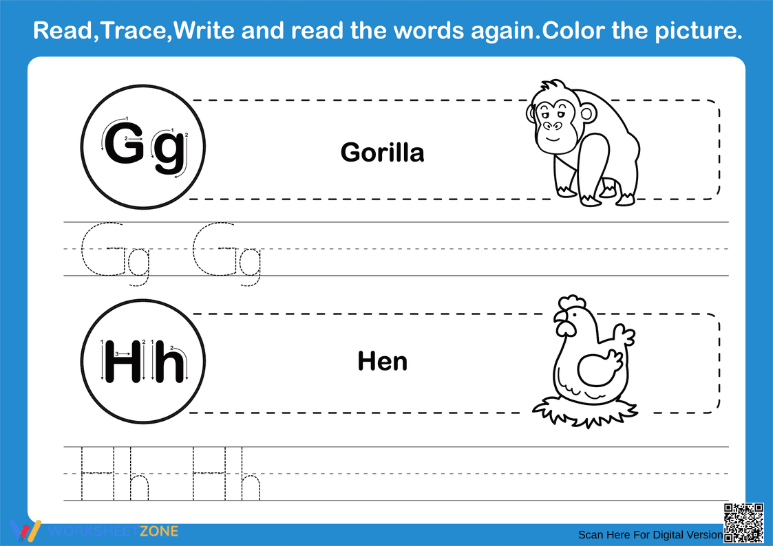 Grade K Letter G & H Printable Worksheet - Page 1