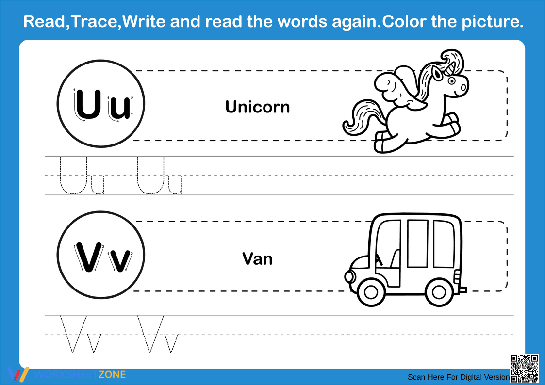 Printable Letters U and V Writing Worksheet | Grade K - Page 1