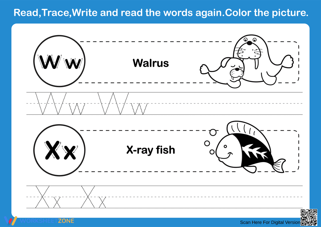 Printable Letters W & X Tracing Worksheet - Page 1