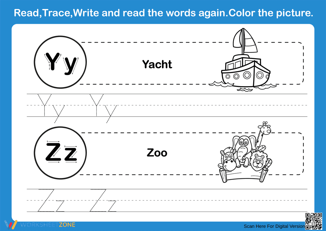 Essential Letters Y & Z Trace and Write Worksheet - Page 1