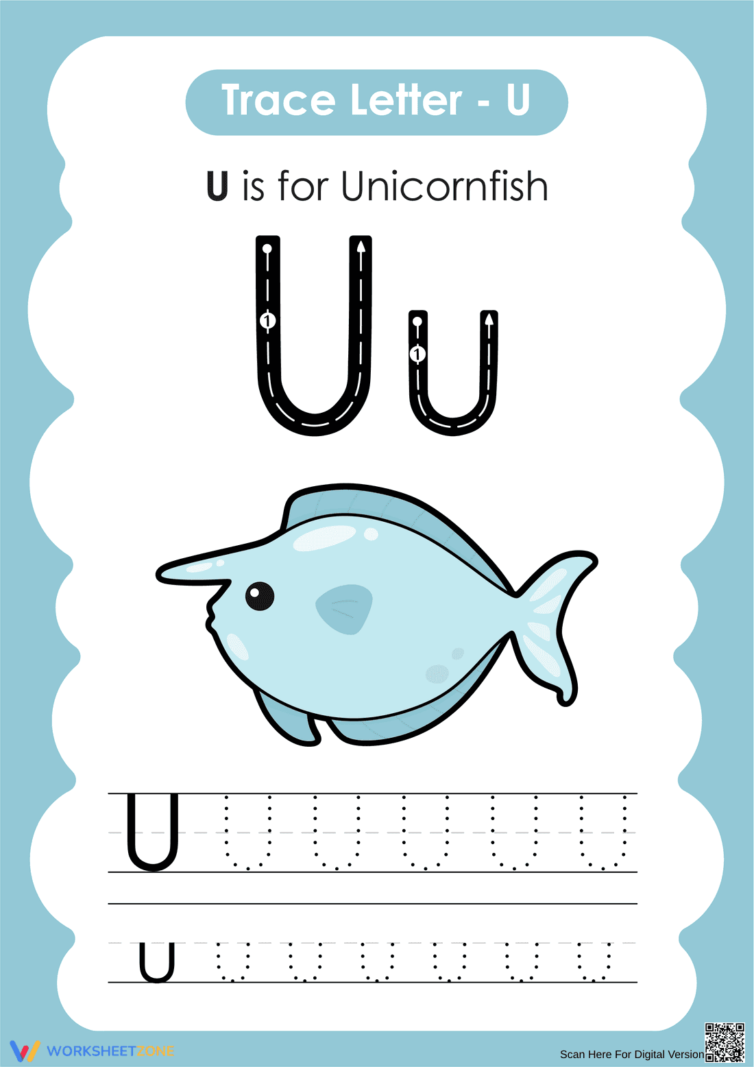 Grade K Letter U Tracing — Printable No-Prep Worksheet - Page 1