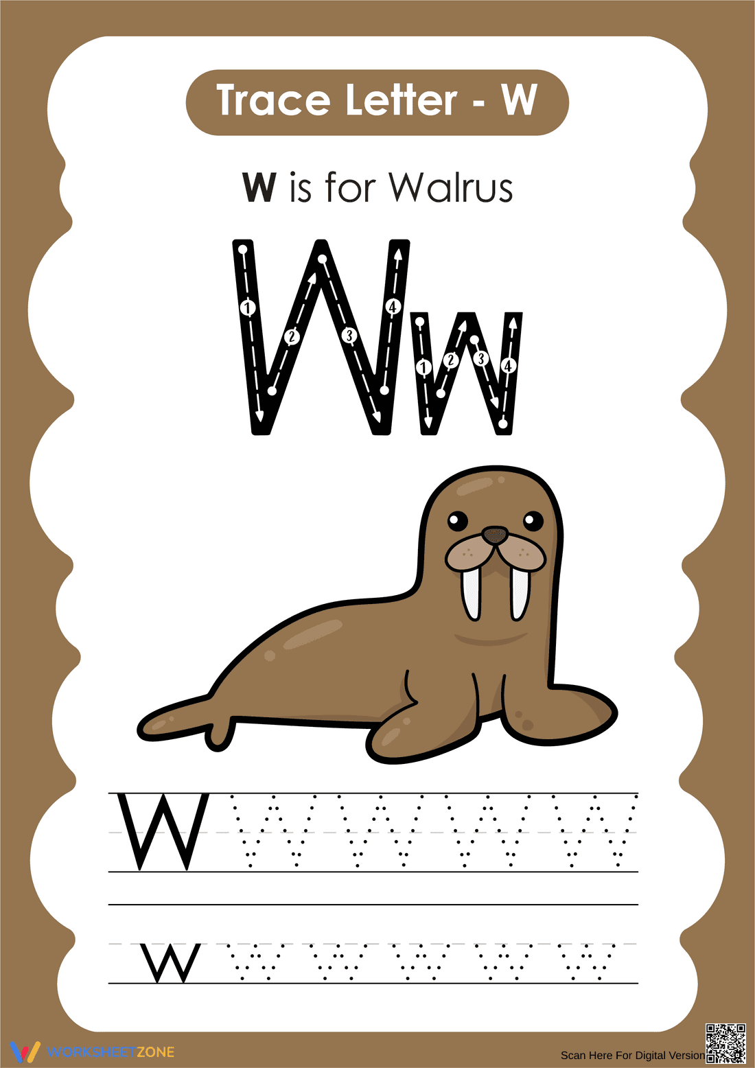 Letter W Handwriting And Walrus Tracing Practice - Page 1