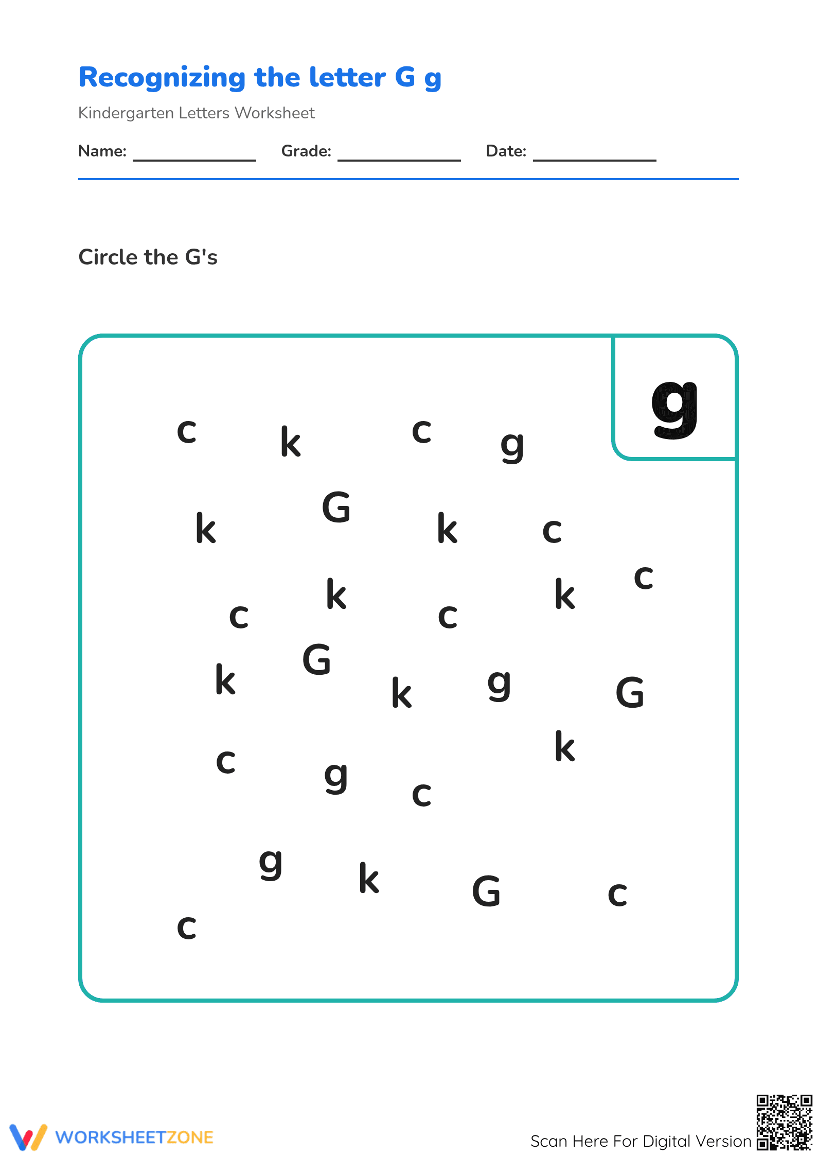 Printable Letter G Recognition Worksheet | Kindergarten - Page 1