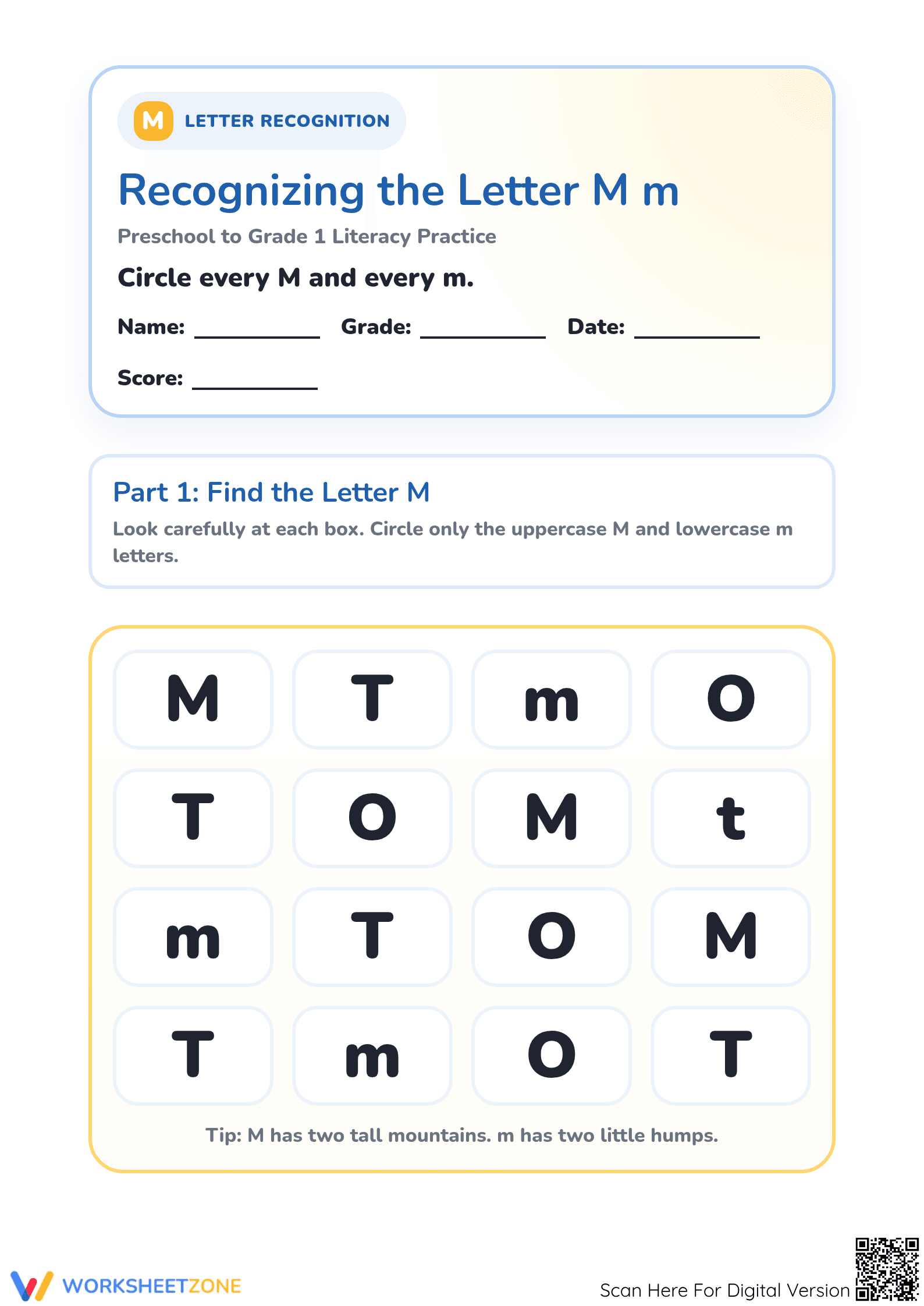 Printable Letter Mm Recognition Worksheet | Grade K ELA - Page 1