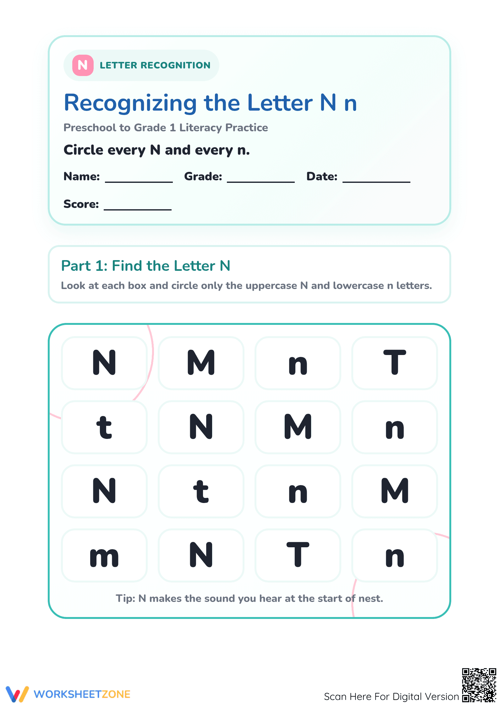 Essential Letter N Recognition Worksheet | Grade K-1 - Page 1