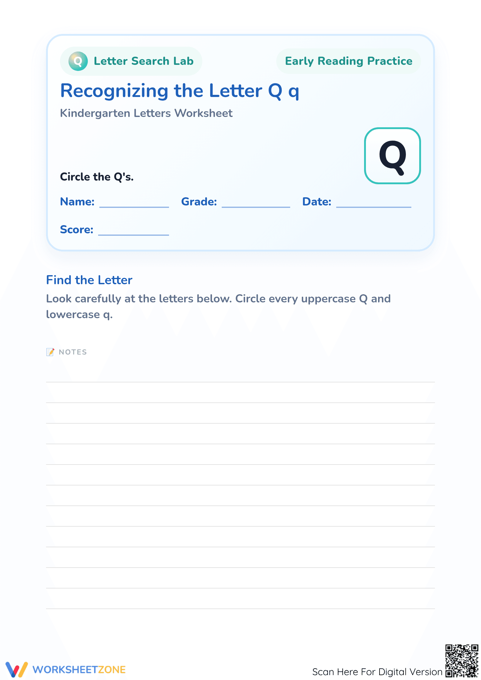 Printable Letter Q Recognition Worksheet | Kindergarten ELA - Page 1