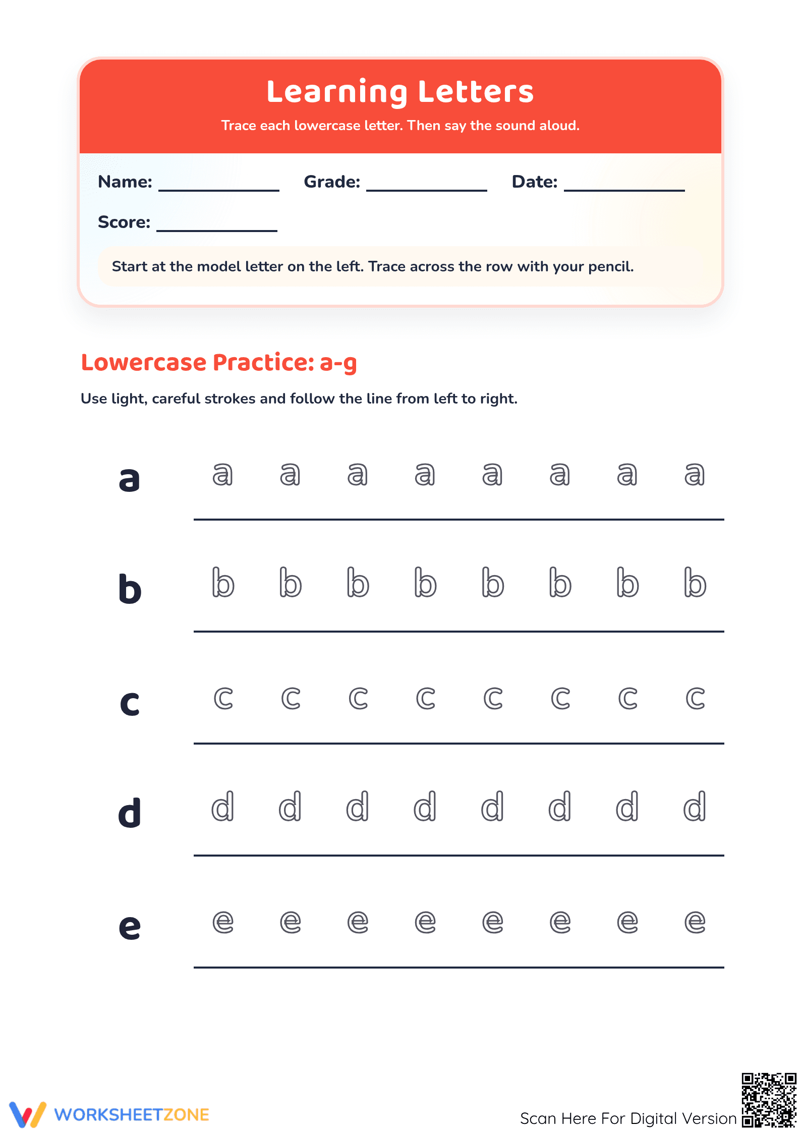 Learning Letters a-g Worksheet | Essential Grade K Practice - Page 1