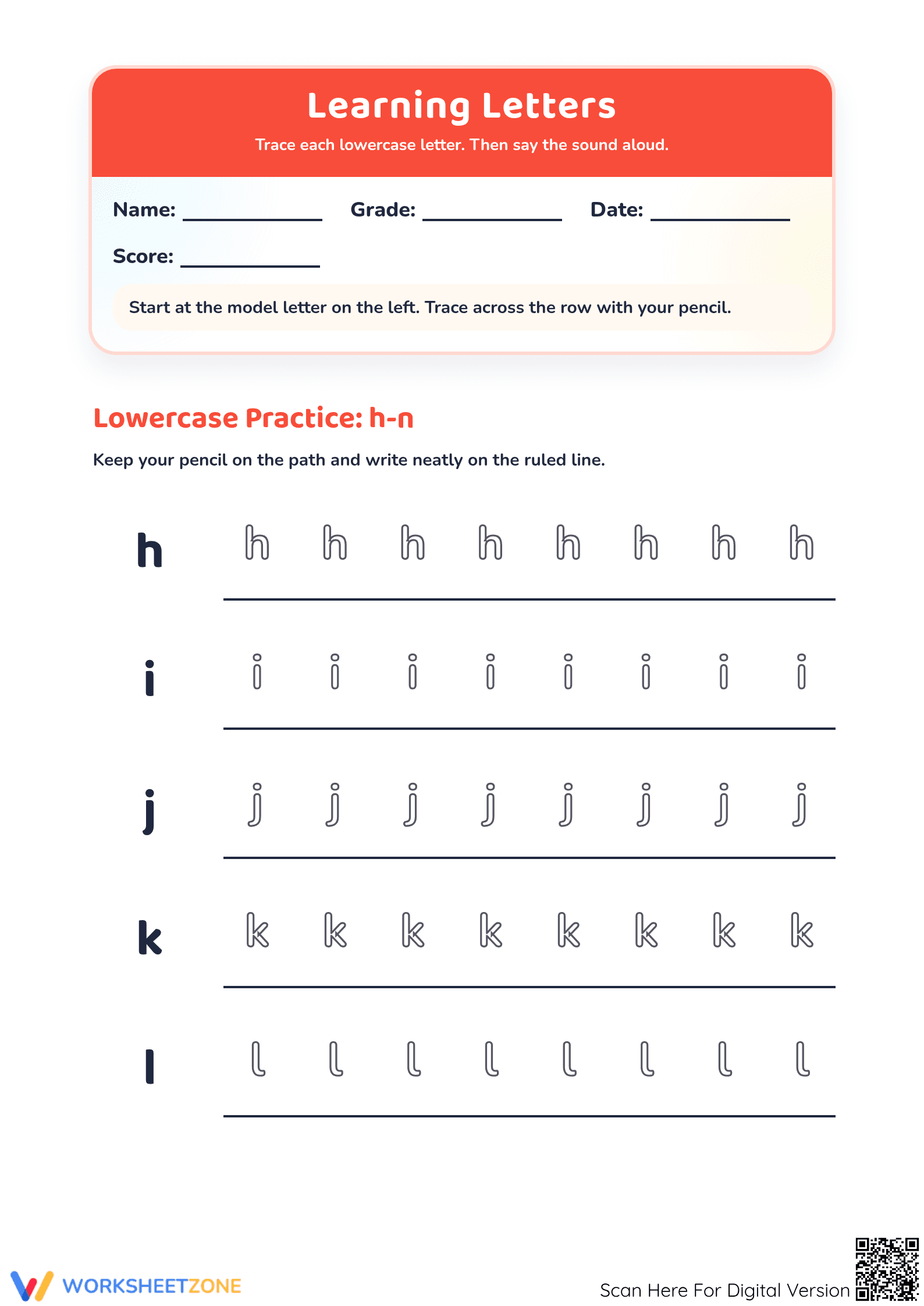 Essential Alphabet Practice: Letters h-n | Grade K Printable - Page 1