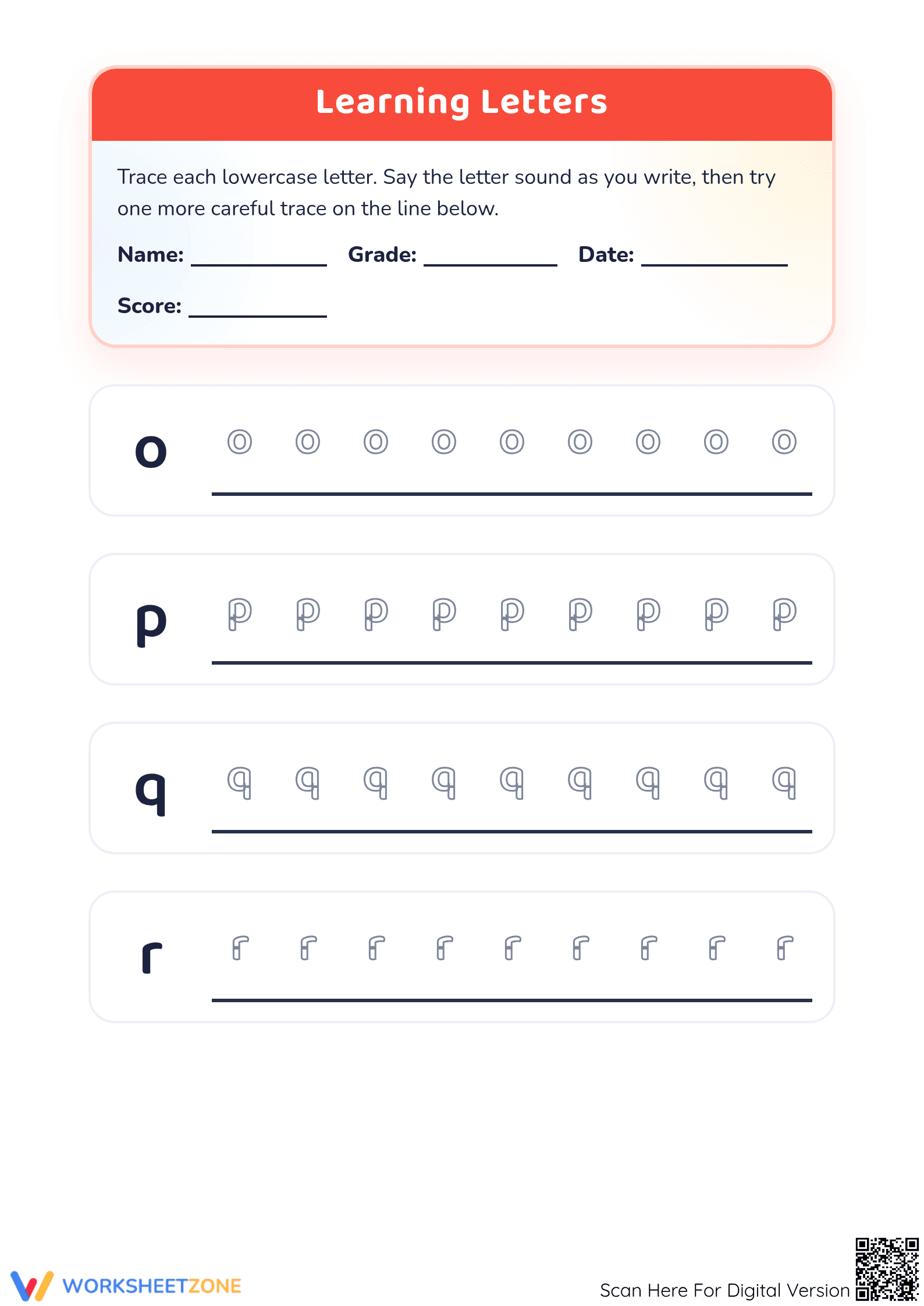 Printable Lowercase Letters o-u Tracing Worksheet | Grade K - Page 1