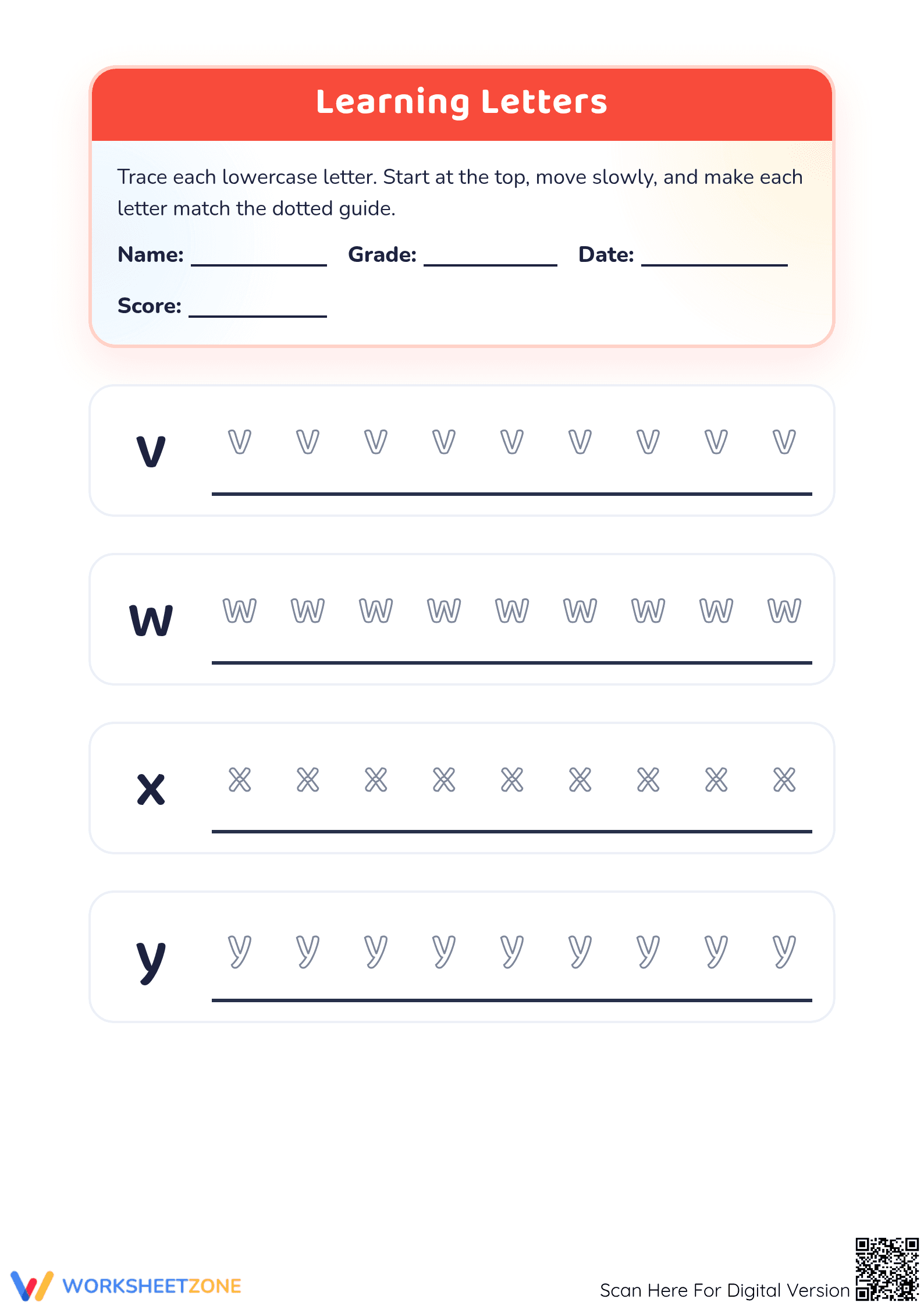 Learning Letters v-z: Printable Grade K ELA Worksheet - Page 1