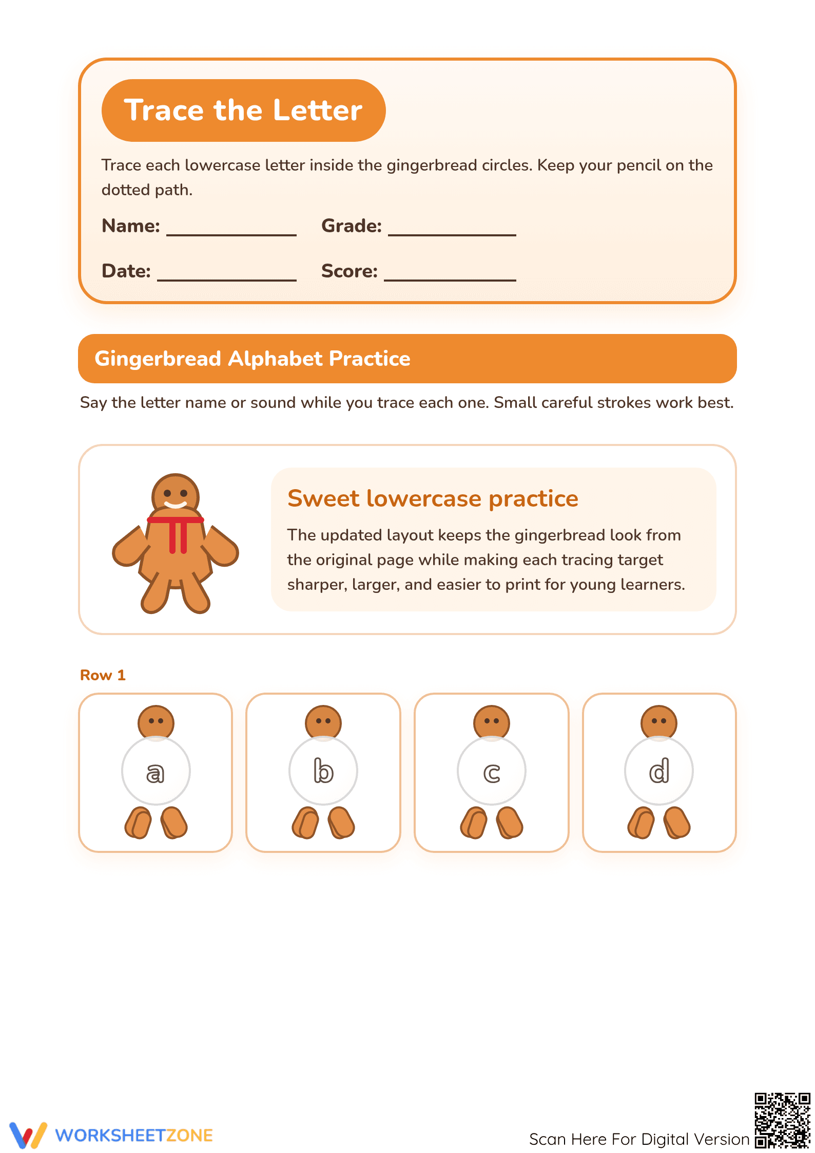 Printable Gingerbread Alphabet Tracing: Lowercase A-Z - Page 1