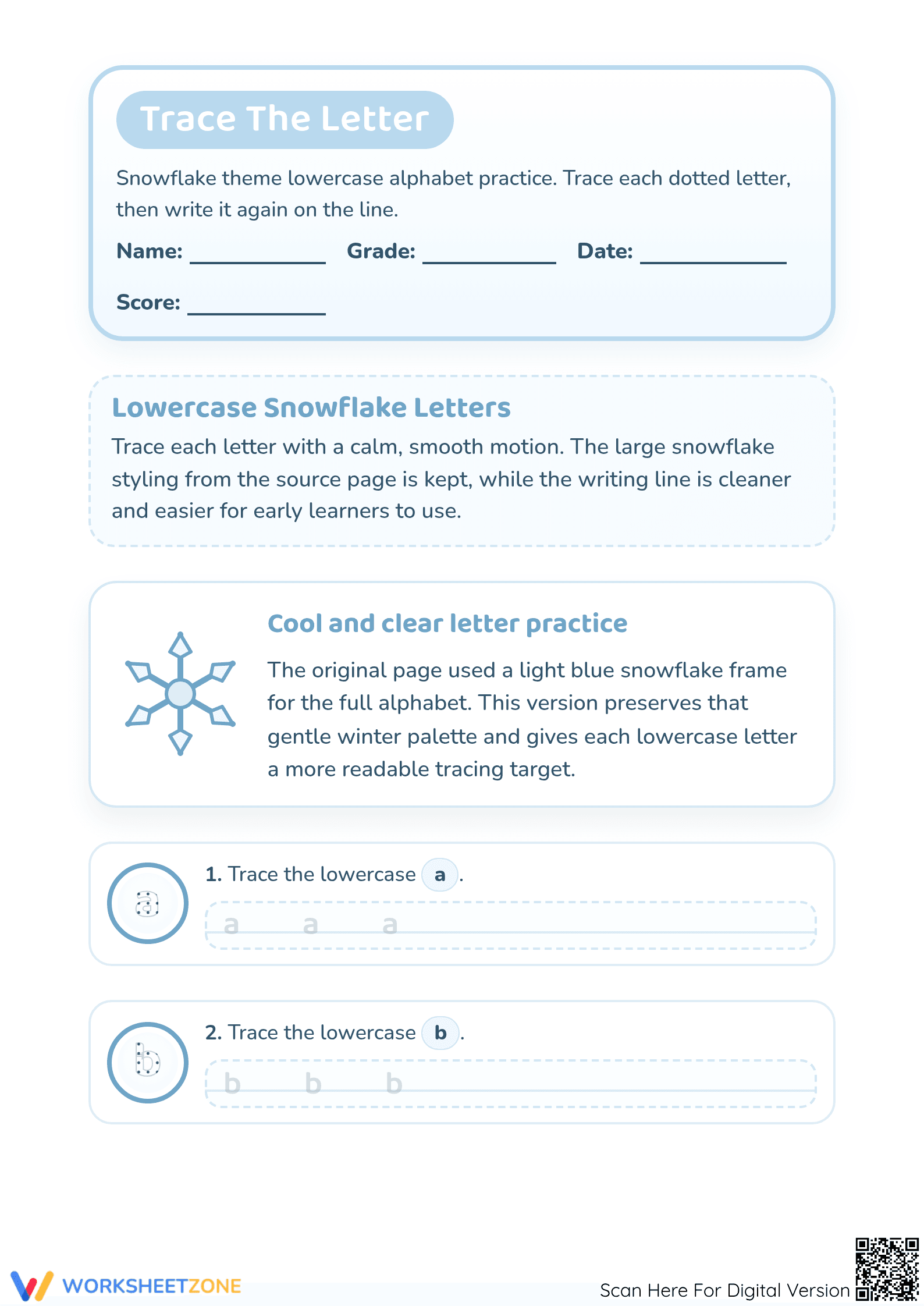 Printable Snowflake Letter Tracing Worksheet | Grade K ELA - Page 1