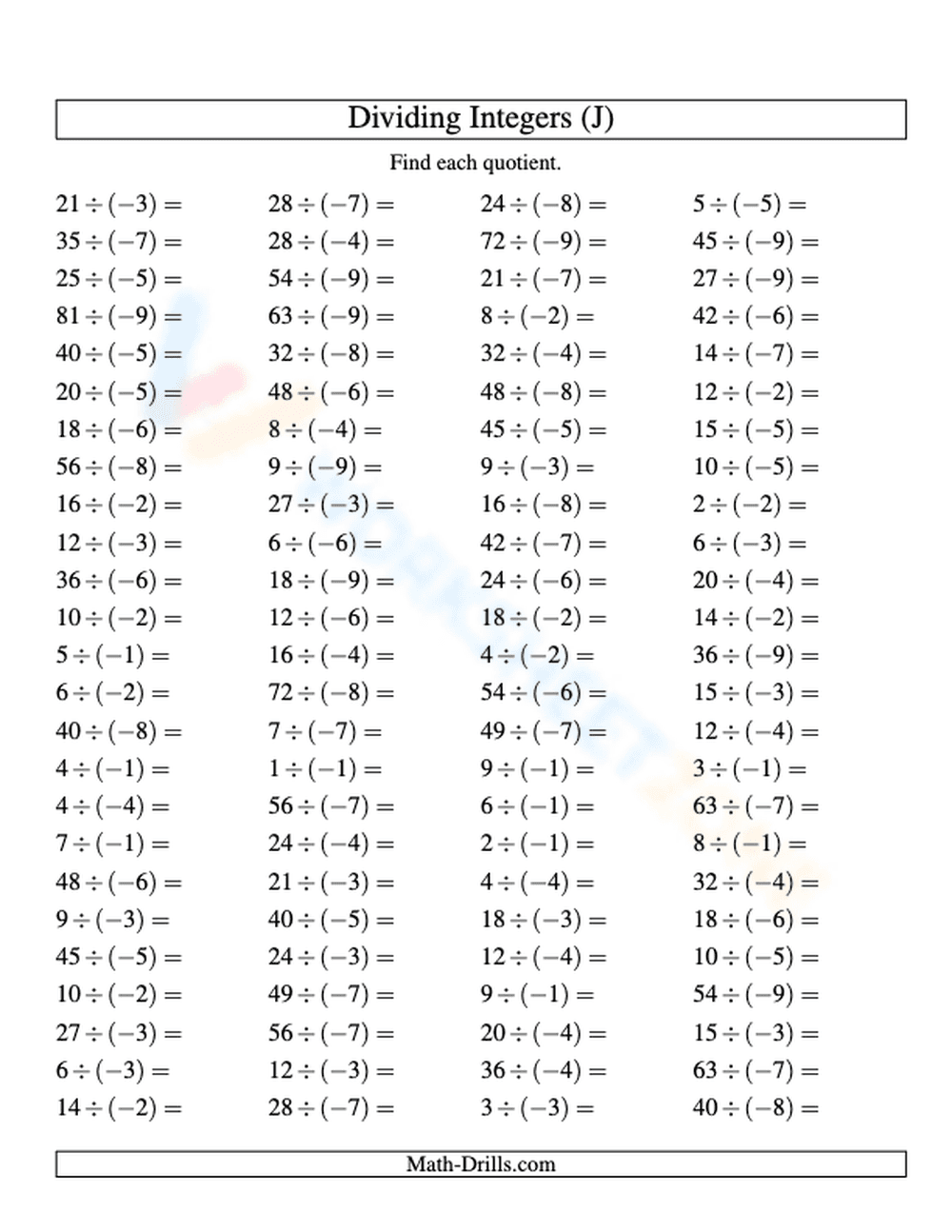 Dividing Integers: Practice and Improve - Page 1