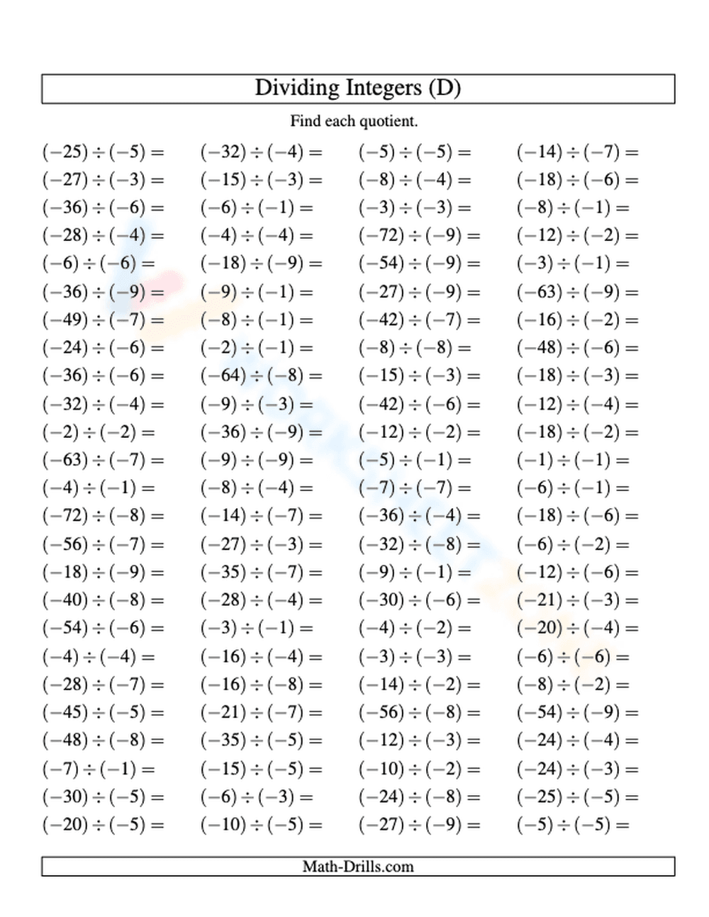Dividing Integers: Enhance Skills with Practice - Page 1