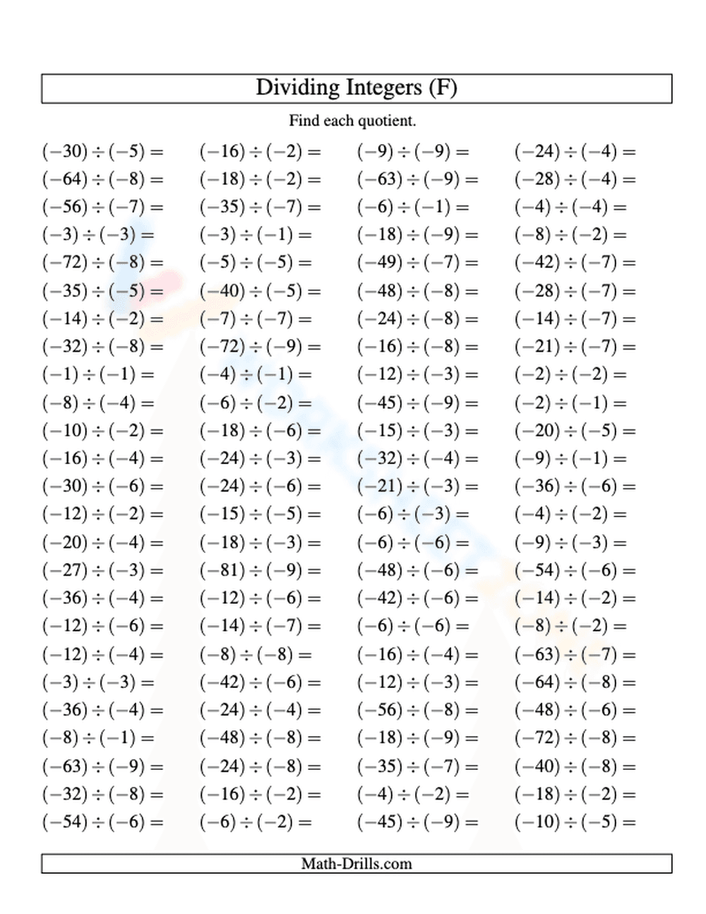 Dividing Integers Practice for Enhanced Skills - Page 1