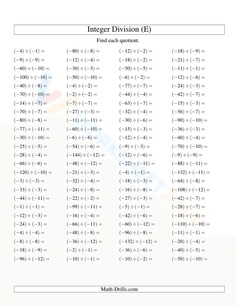 Reinforce Concepts of Dividing Integers - Page 1