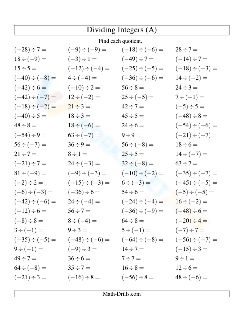 Dividing Integers: Practice for Skill Building - Page 1
