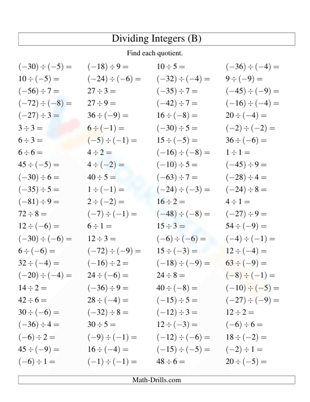 Essential Worksheet for Dividing Integers - Page 1