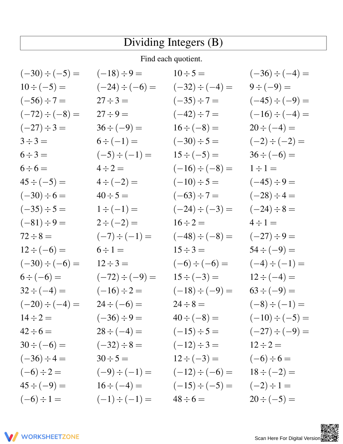 Essential Worksheet for Dividing Integers - Page 1
