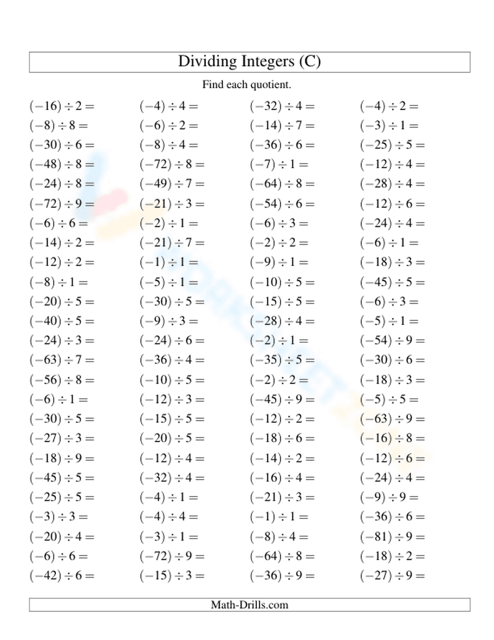Practice Dividing Integers with Negatives - Page 1