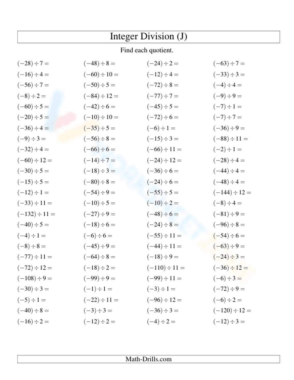 Dividing Integers: Essential Division Practice - Page 1