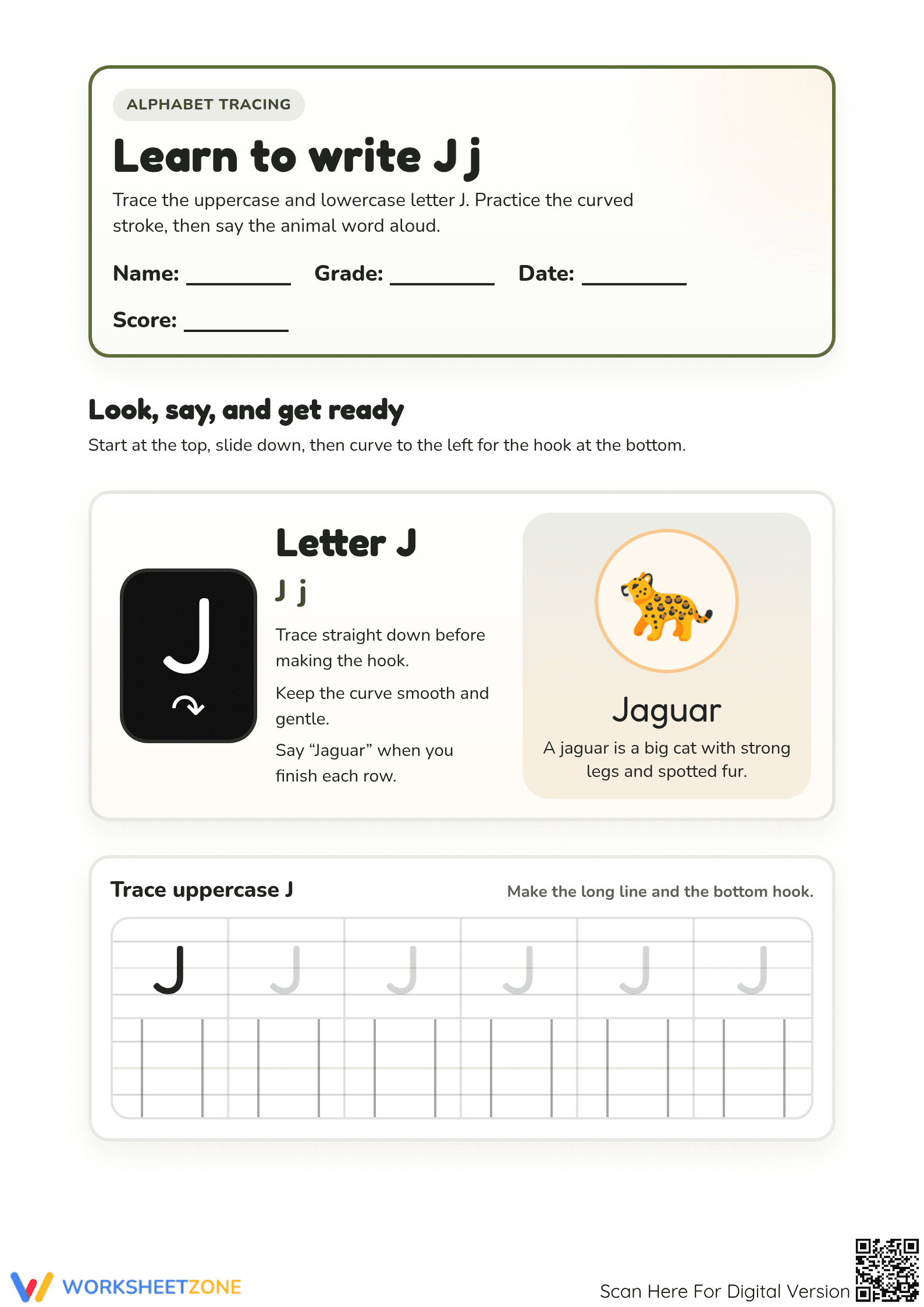 Printable Learn to Write Letter J Worksheet | Grade K-1 - Page 1
