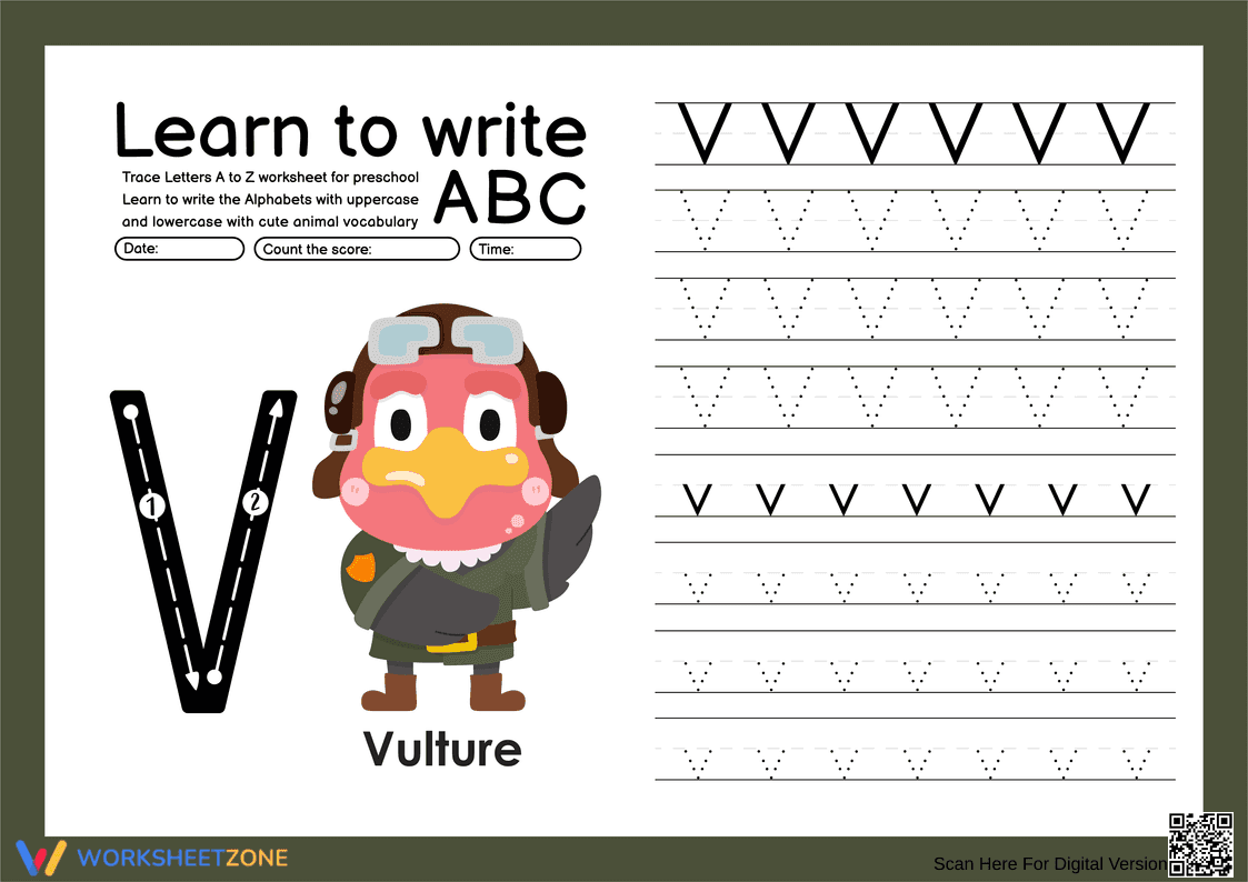 Letter V Tracing Worksheet | Printable Kindergarten ELA - Page 1