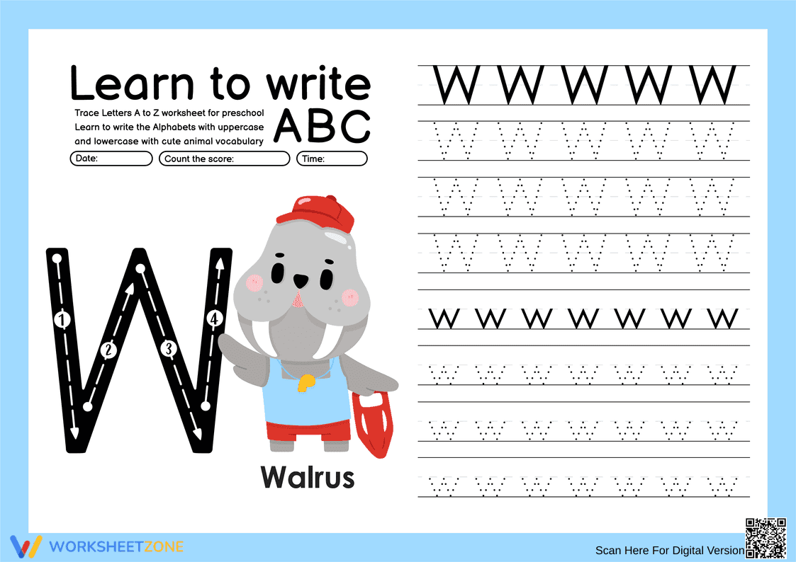 Grade K Letter W Tracing — Printable No-Prep Worksheet - Page 1